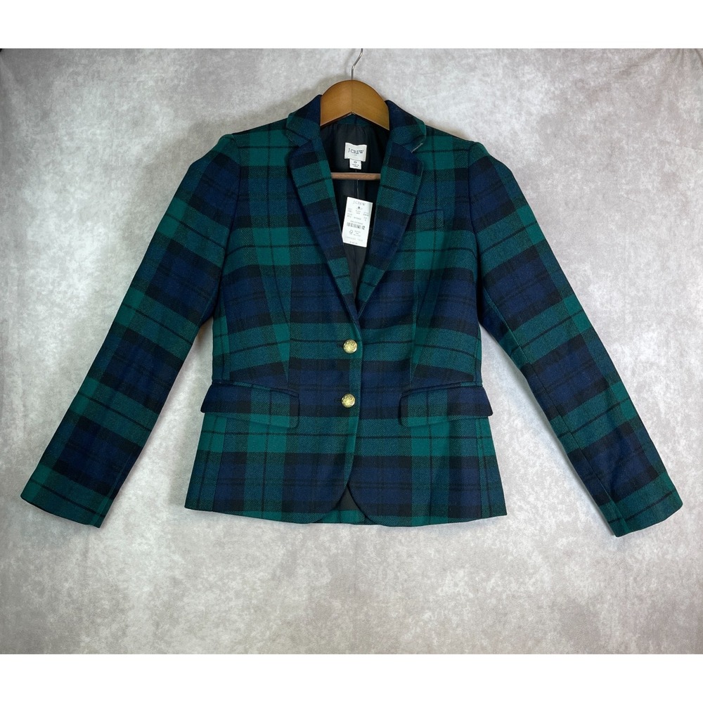 J Crew Blazer Womens 0 Green Plaid Wool Single Breasted Tartan Schoolboy NWT
